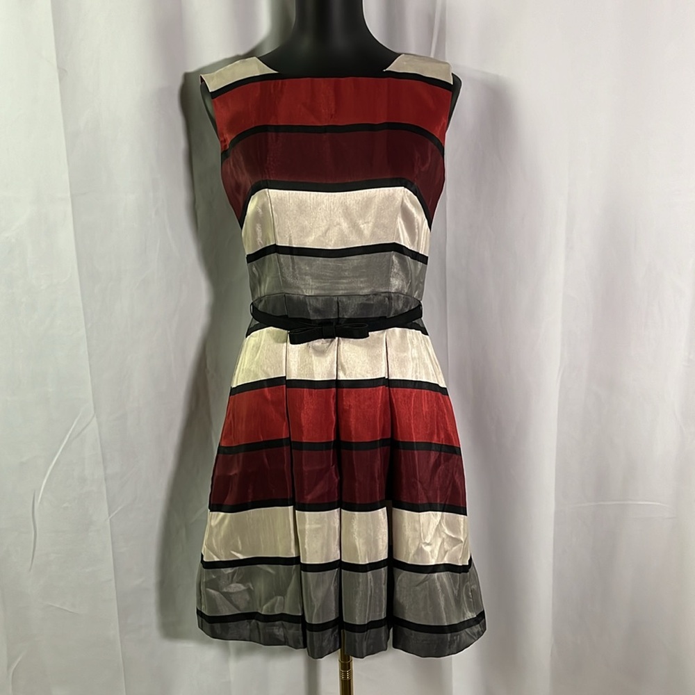 Julian Taylor Red & Gray Striped Sleeveless Pleated A-Line Midi Dress